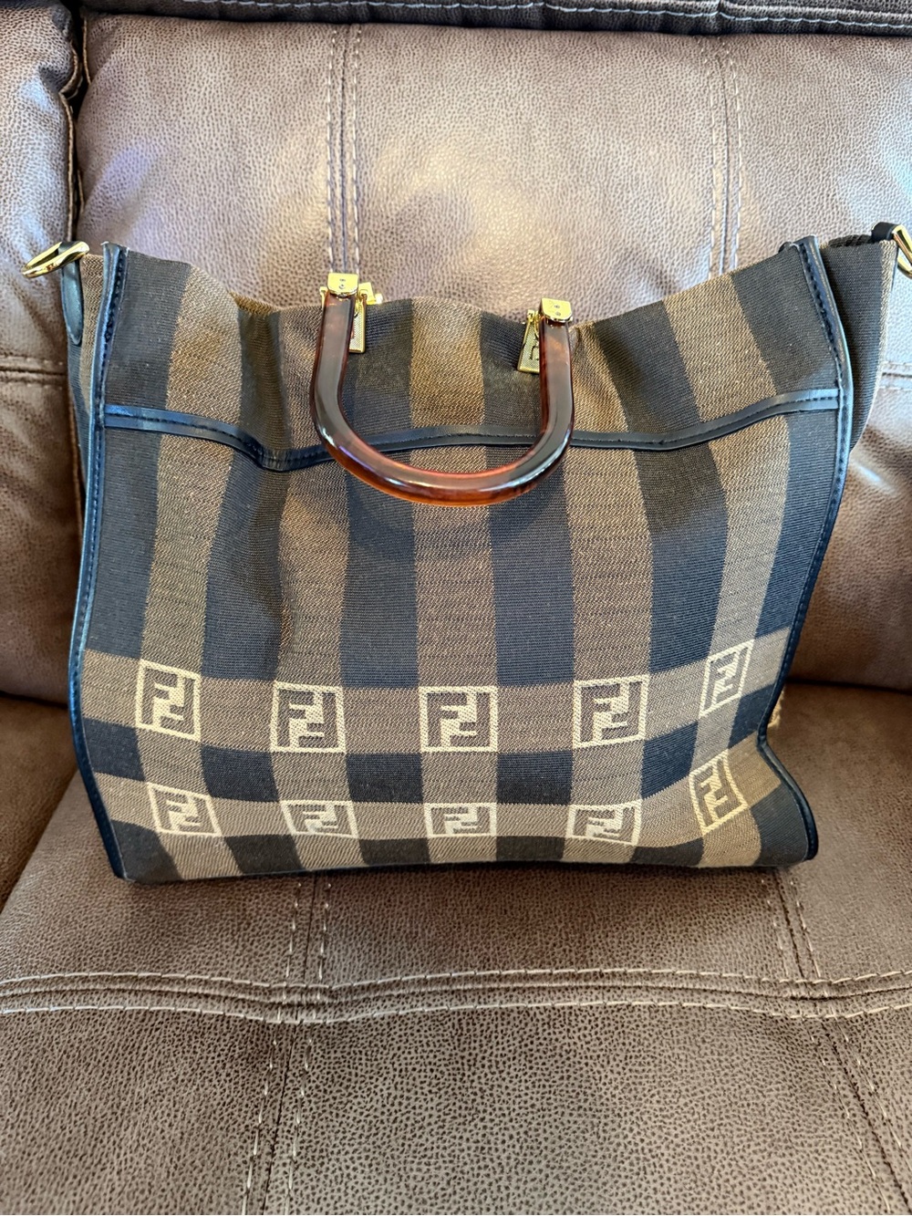 Inspired Canvas and Faux Leather Check Messenger Bag - Brown/Black